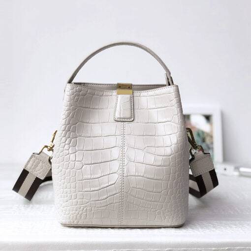 Genuine Leather Handbags Designer Crocodile Pattern Bucket Bag Shoulder Bag White