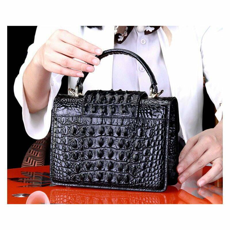 Black Croc Embossement Leather Satchel Bag