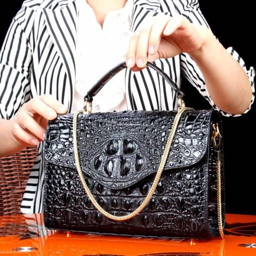 Croc-Embossed Chain Shoulder Bag Alligator Handbag Bag Black