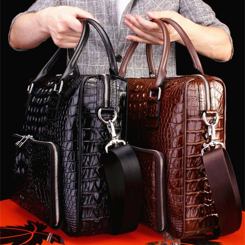 Crocodile alligator leather Men brown Business briefcase shoulder Laptop Bag