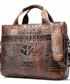Crocodile Texture Men's Business Briefcase Alligator Soft Handle Bag Brown