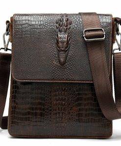 Crocodile Pattern Oil Wax Leather Mens Shoulder Bag Messenger Bag Brown