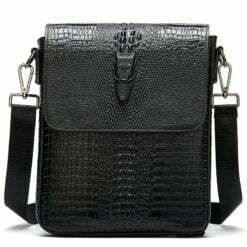 Crocodile Pattern Oil Wax Leather Mens Shoulder Bag Messenger Bag Black