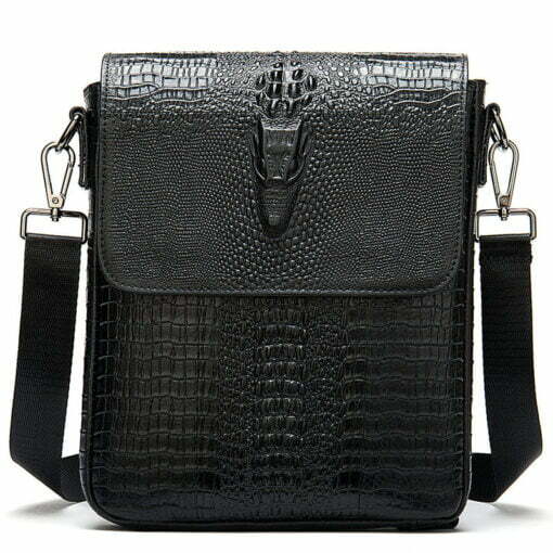 Crocodile Pattern Oil Wax Leather Mens Shoulder Bag Messenger Bag Black