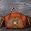 Womens Retro Genuine Leather Handbag Totem Embossing Shoulder Bag Tote Brown