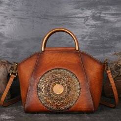 Womens Retro Genuine Leather Handbag Totem Embossing Shoulder Bag Tote Brown