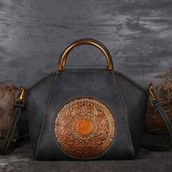 Womens Retro Genuine Leather Handbag Totem Embossing Shoulder Bag Tote Grey