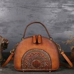 Womens Retro Classic Genuine Leather Handbags Embossed Shoulder Bag Brown