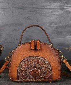 Womens Retro Classic Genuine Leather Handbags Embossed Shoulder Bag Brown
