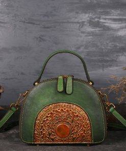 Womens Retro Classic Genuine Leather Handbags Embossed Shoulder Bag Green