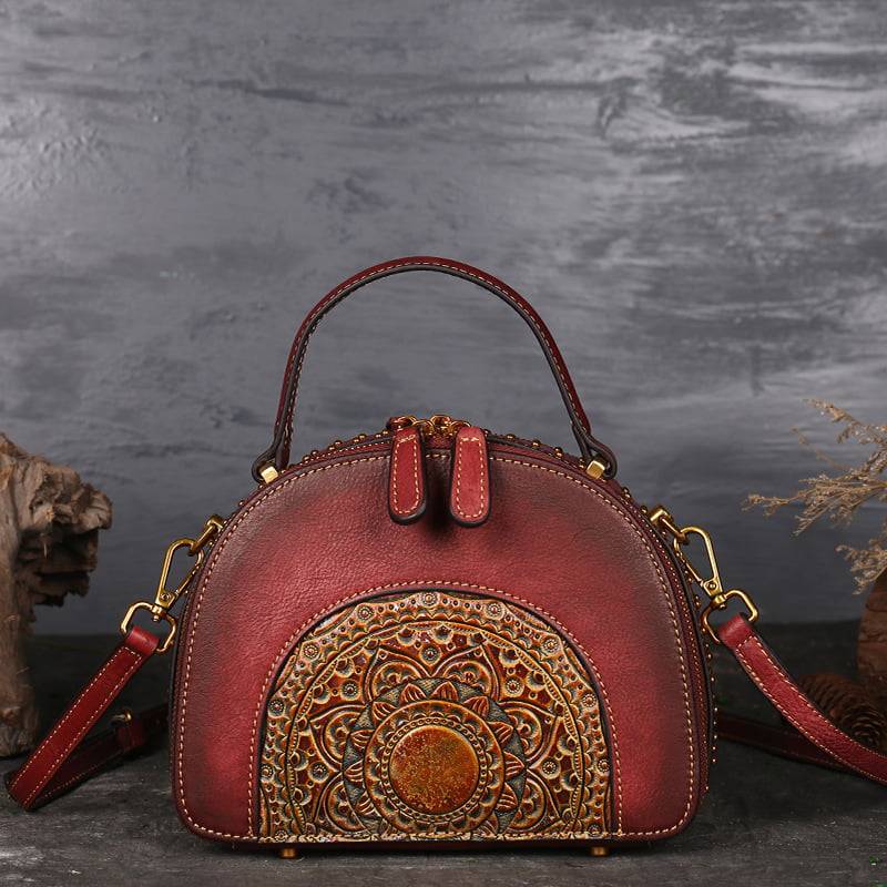 Womens Retro Classic Genuine Leather Handbags Embossed Shoulder Bag Red