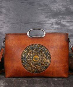 Genuine Leather Embossed Totem Handbag Classic Shoulder Bag Brown