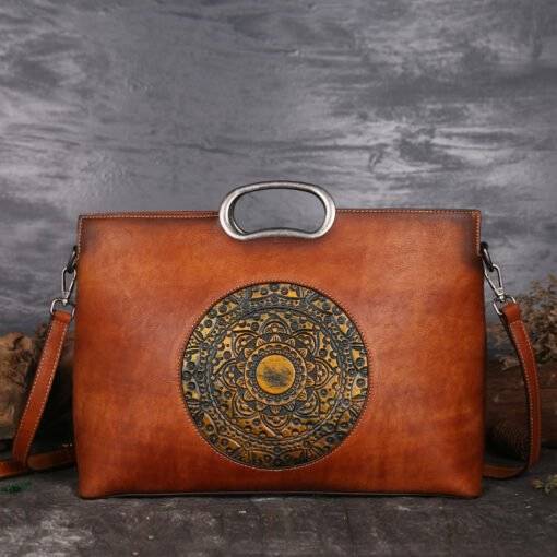 Genuine Leather Embossed Totem Handbag Classic Shoulder Bag Brown