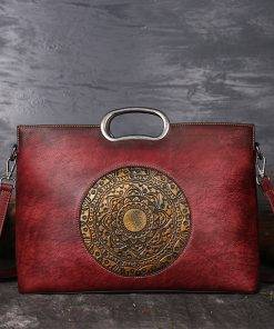 Genuine Leather Embossing Totem Handbag Classic Shoulder Bag Red