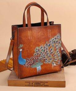 Tote Handbags Women Genuine Leather Embossing Peacock Pattern Crossbody Shoulder Bags