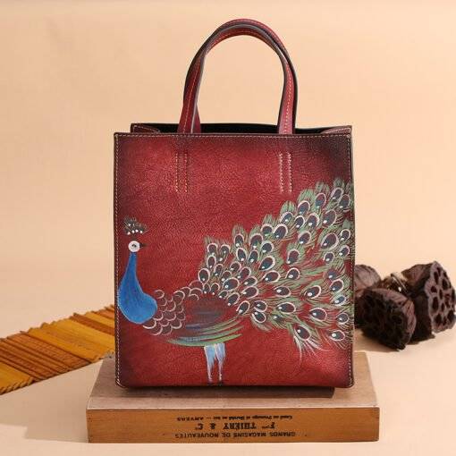 Tote Handbags Women Genuine Leather Embossing Peacock Pattern Crossbody Shoulder Bags Red