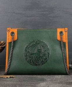 Embossing Totem Chain Bag Women's Genuine Leather Shoulder Bags Green