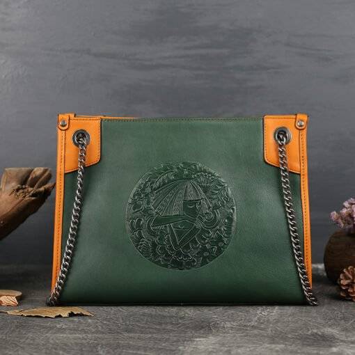 Embossing Totem Chain Bag Women's Genuine Leather Shoulder Bags Green