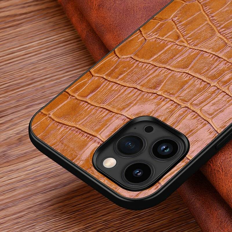 Leather iPhone 12 Pro Max Wallet Case - Brown Croc With Red