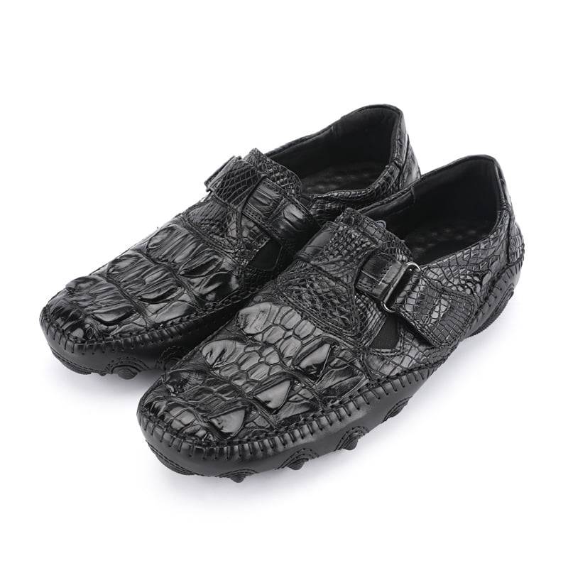 Men Black Alligator Texture Leather Moccasin Shoes, black loafers shoes