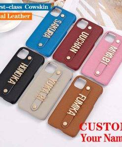 Holding Strap Personalized Metal Name Leather Customized Case For iPhone 14 Pro Max