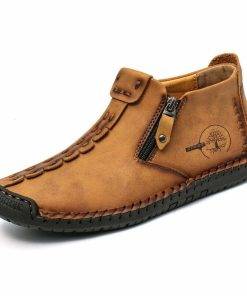Mens Ankle Boots Leather Casual Loafers Shoes Side Zipper Boots Hand Stitching Outdoor Working Shoes
