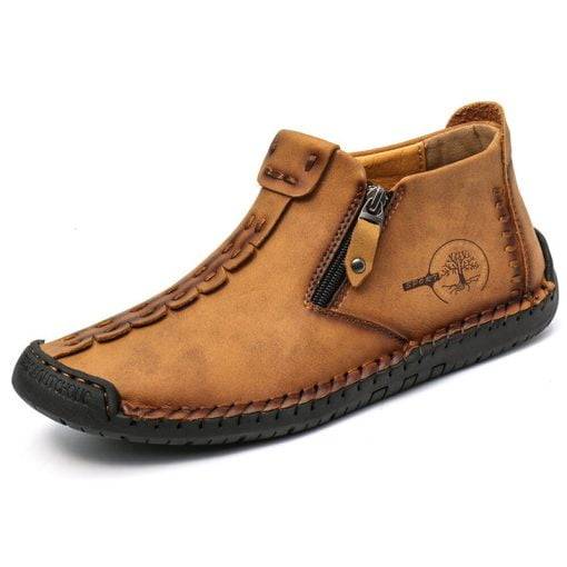 Mens Ankle Boots Leather Casual Loafers Shoes Side Zipper Boots Hand Stitching Outdoor Working Shoes