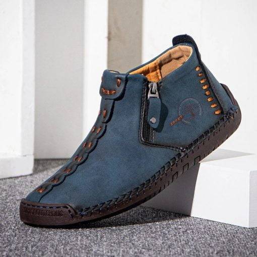 Mens Ankle Boots Leather Casual Loafers Shoes Side Zipper Boots Hand Stitching Outdoor Working Shoes - Image 6
