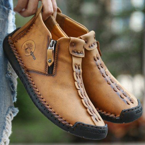 Mens Ankle Boots Leather Casual Loafers Shoes Side Zipper Boots Hand Stitching Outdoor Working Shoes - Image 11
