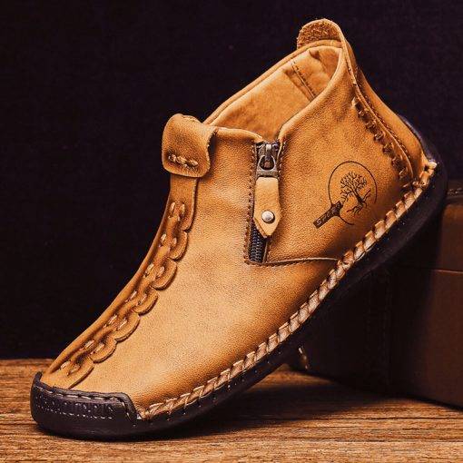 Mens Ankle Boots Leather Casual Loafers Shoes Side Zipper Boots Hand Stitching Outdoor Working Shoes - Image 10