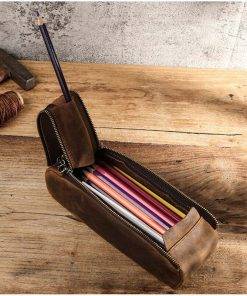 Pencil Case Leather Pouch Crazy Horse Cowhide Leather Zipper Pen Case for School