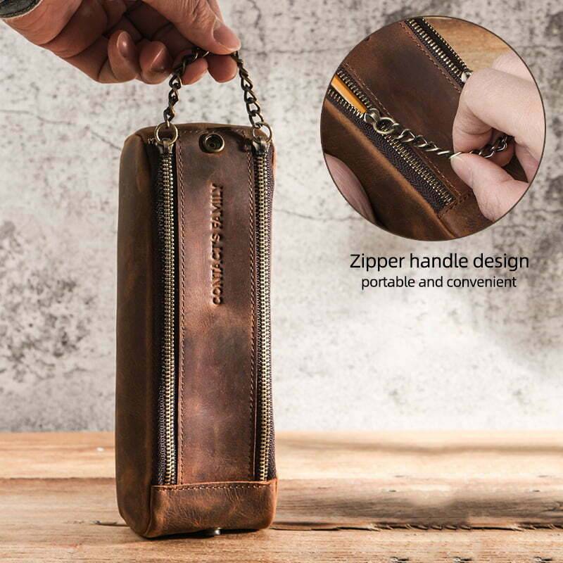 Pencil Case Leather Pouch Crazy Horse Cowhide Leather Zipper Pen Case for  School - Everweek