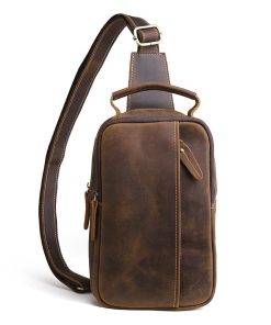 Retro Crazy Horse Leather Men's Chest Bag Crossbody Shoulder Backpack
