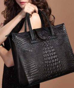Women Retro Crocodile Pattern Leather Handbag Fashion Tote Handle Bag with Zipper and Shoulder Strap
