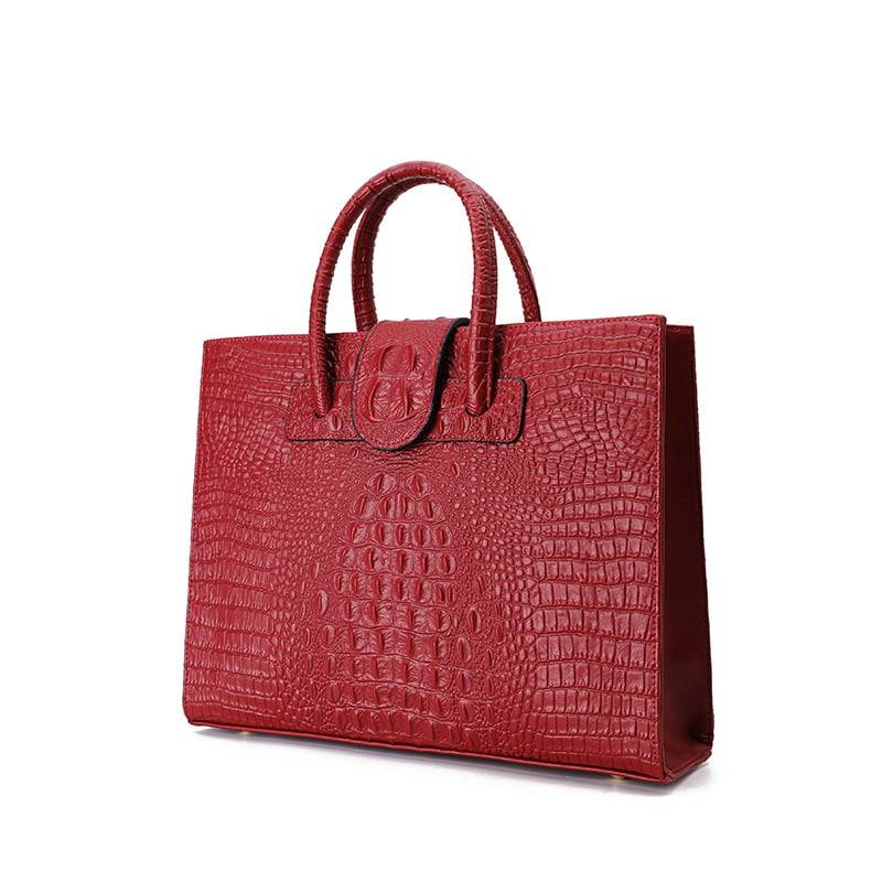 Women Retro Crocodile Pattern Leather Handbag Fashion Tote Handle Bag with Zipper and Shoulder Strap Rose Red