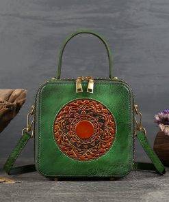 Women Retro Genuine Leather Handbags Emboss Square Bag