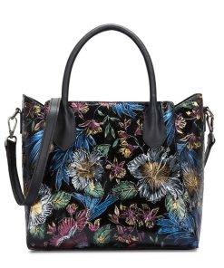 Women Genuine Leather Handbag Top Handle Cross Body Bag Embossed Flora Shoulder Tote Bag