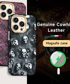 Genuine Cowhide Leather Magsafe Case for iPhone 15 Pro Max Punk Skull Magnetic Cover
