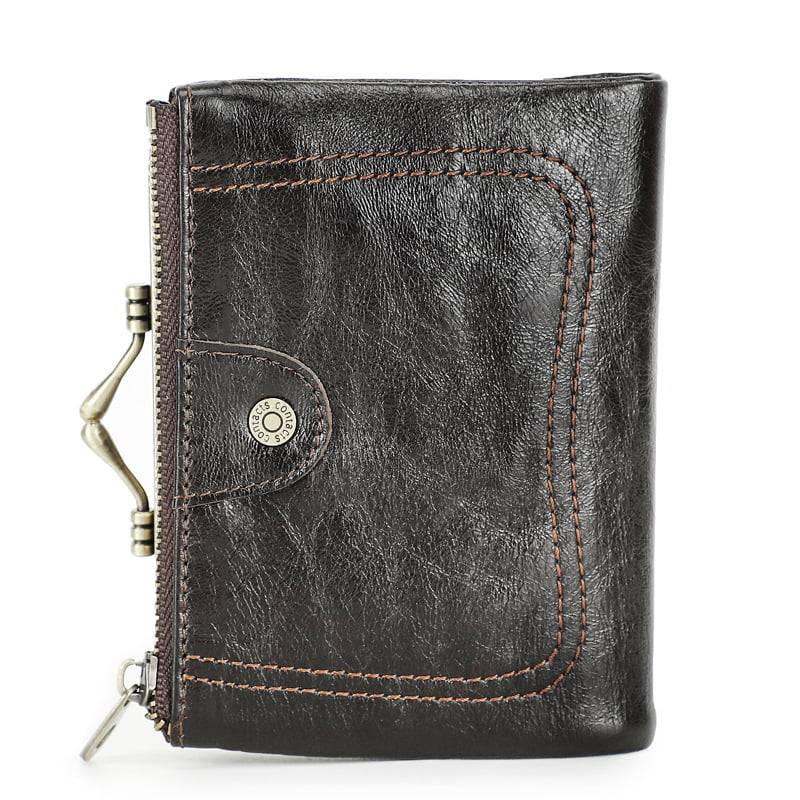 Women Leather Wallet RFID Blocking Zipper Pocket Bifold Coin Purse and Kiss Lock Coffee