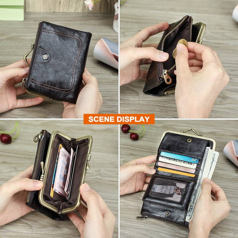 Contacts Womens Kiss Lock Wallet Leather Small Zipper Coin Purse for Women Bifold RFID Clasp Wallet Card Holder with Photo Window