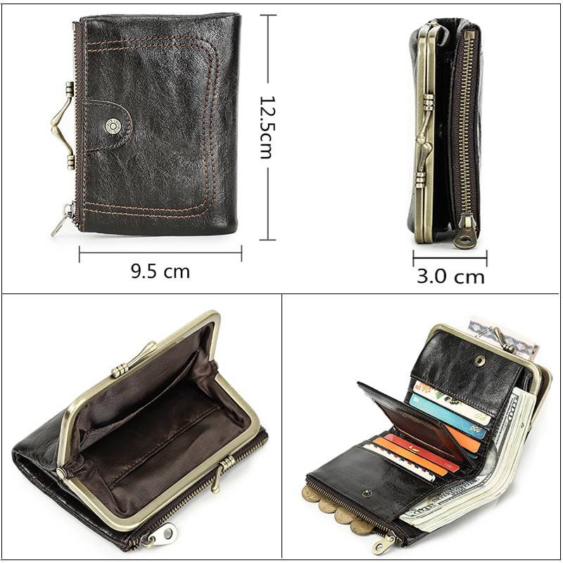 Women Leather Wallet RFID Blocking Zipper Pocket Bifold Coin Purse and Kiss Lock Coffee