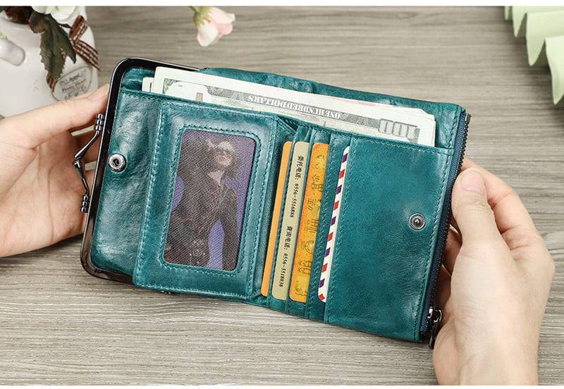 OSLEI Womens Wallet Rfid Small Compact Bifold Leather Vintage Wallet,Ladies  Coin Purse With Zipper and Kiss Lock 