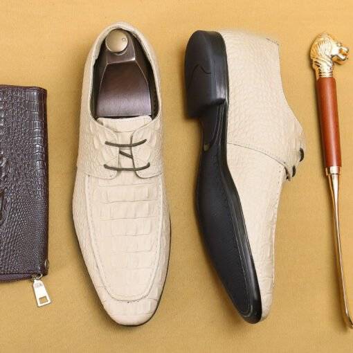 Men's Casual Derby Shoes Soft Business Dress Shoes Lace-Up Crocodile Embossed Leather Shoes - Image 2