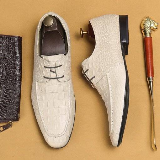 Men's Casual Derby Shoes Soft Business Dress Shoes Lace-Up Crocodile Embossed Leather Shoes - Image 3