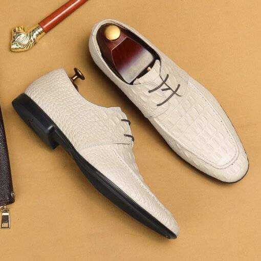 Men's Casual Derby Shoes Soft Business Dress Shoes Lace-Up Crocodile Embossed Leather Shoes - Image 4