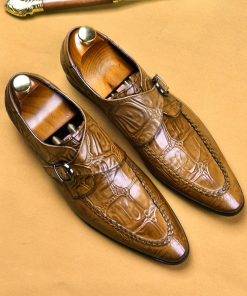 Men Dress Shoes Genuine Leather Formal Monk Strap Shoes