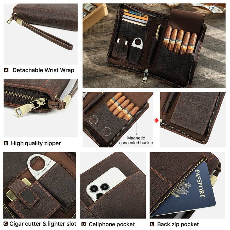 Leather Cigar Case 5 Finger Cigars Box Clutch Organizer with Cigar Cutter  Slot Lighter Slot - Everweek