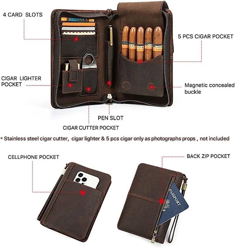 Leather Cigar Case 5 Finger Cigars Box Clutch Organizer with Cigar Cutter  Slot Lighter Slot - Everweek