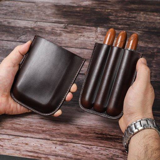 Genuine Leather Cigar Case 3-Finger Potable Travel Cigar Humidor - Image 2