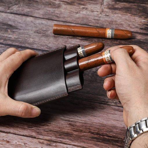 Genuine Leather Cigar Case 3-Finger Potable Travel Cigar Humidor - Image 3